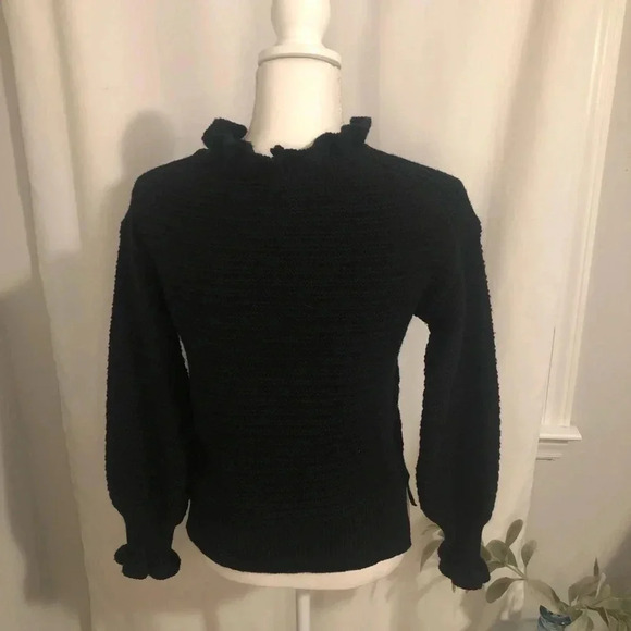 Madewell Black Ruffled Neck Merino Wool/ Cotton Ribbed Knit Pullover Sweater - Picture 10 of 11
